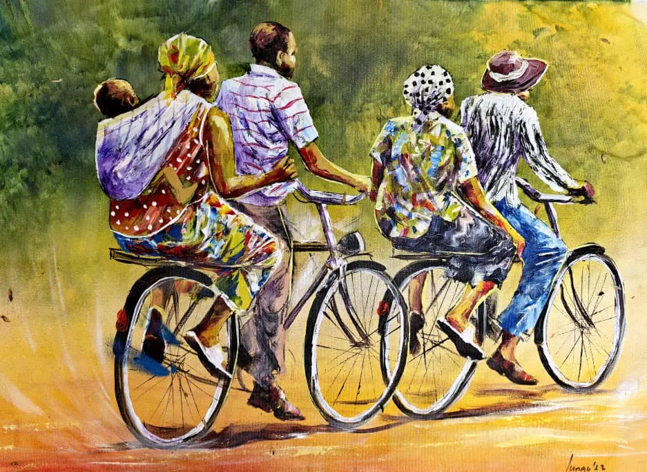 Farbenfrohes Gemälde mit Fahrradmotiv aus Simbabwe.